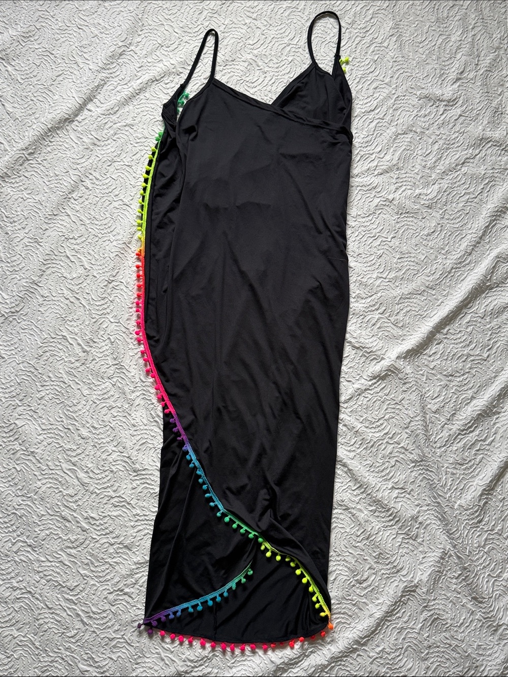 Source Unknown Black Swim Cover-Up with Neon Pom-Pom Trim